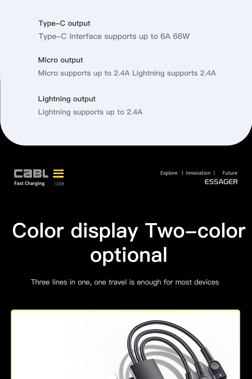 ESSAGER 3 in 1 Micro / Type-C / Lightning Data Cable, 6A 66W Fast Charging, for iPhone Samsung Xiaomi Huawei Mobile Phones - Black