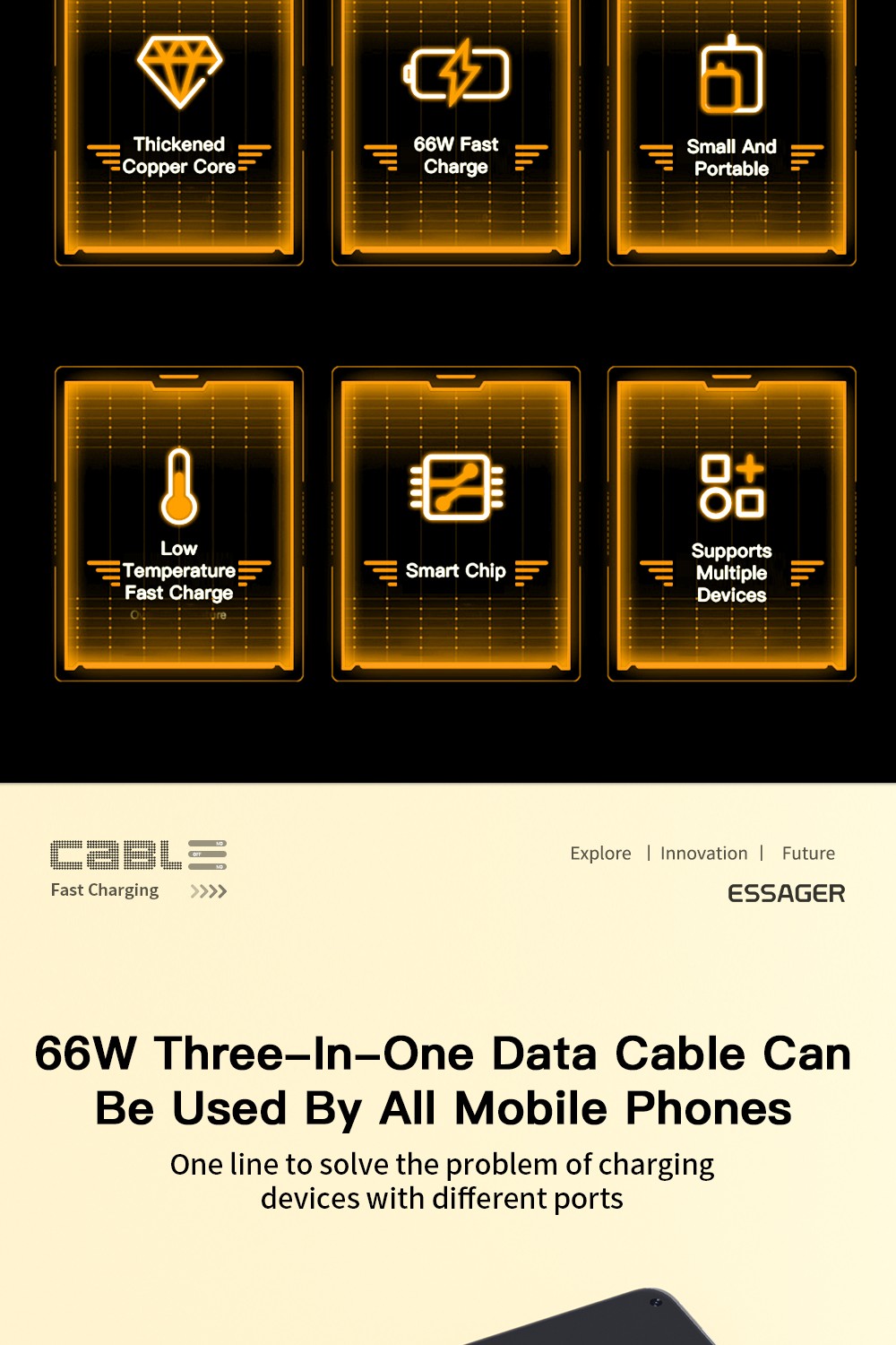 ESSAGER 3 in 1 Micro / Type-C / Lightning Data Cable, 6A 66W Fast Charging, for iPhone Samsung Xiaomi Huawei Mobile Phones - Black