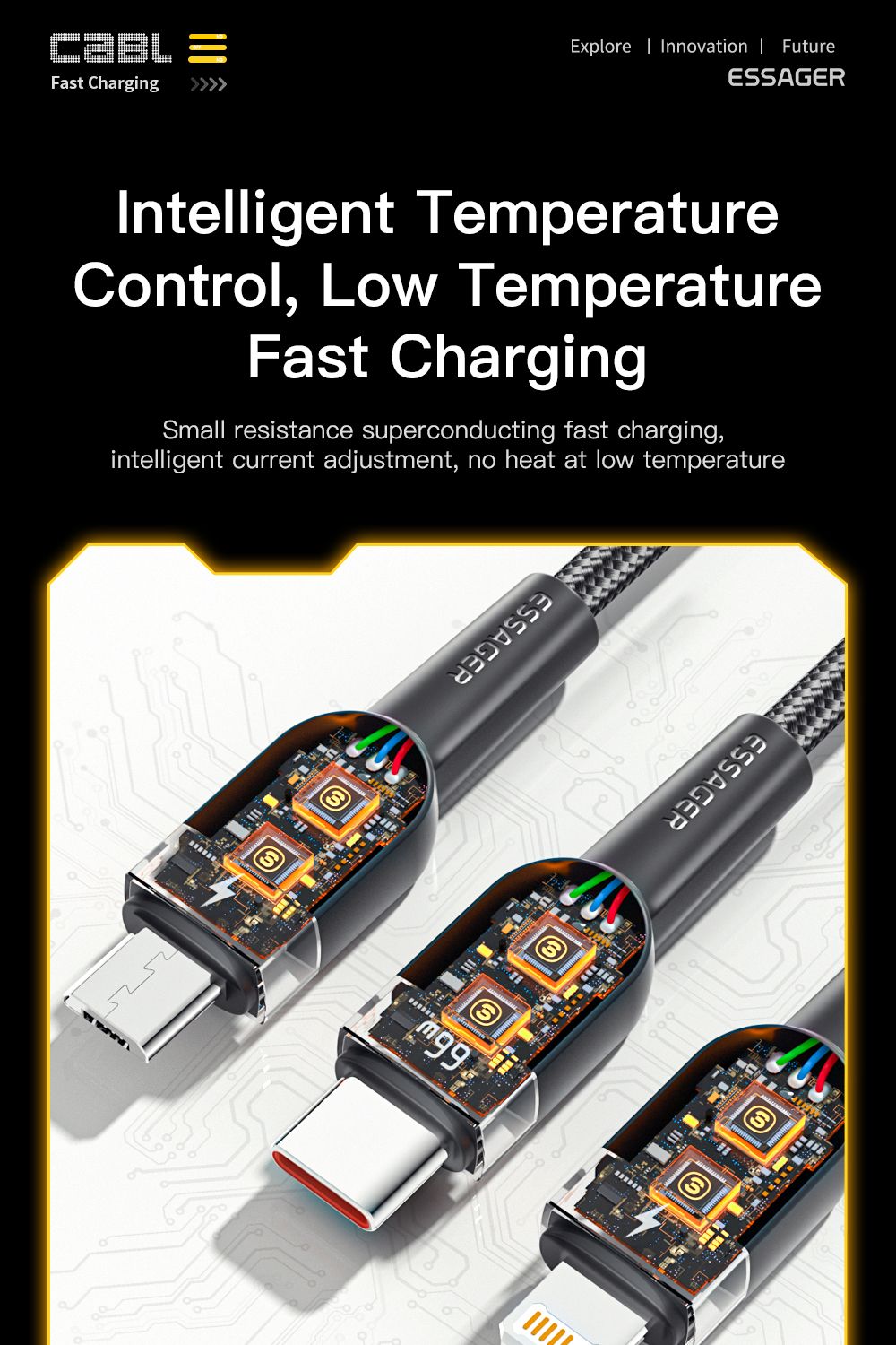 ESSAGER 3 in 1 Micro / Type-C / Lightning Data Cable, 6A 66W Fast Charging, for iPhone Samsung Xiaomi Huawei Mobile Phones - Black