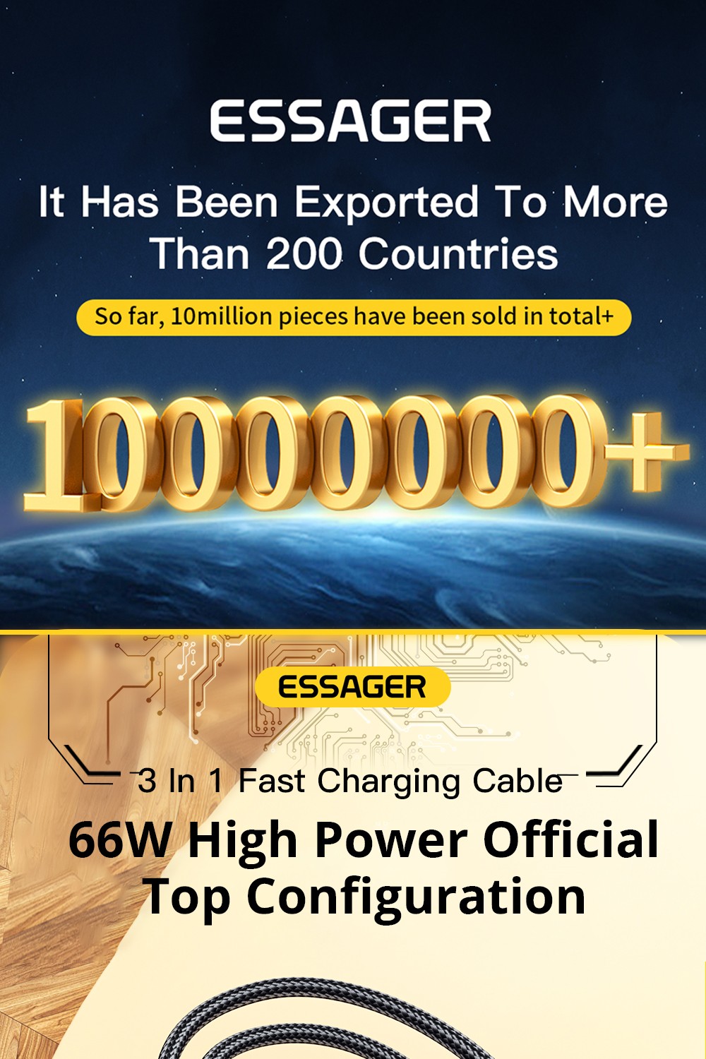 ESSAGER 3 in 1 Micro / Type-C / Lightning Data Cable, 6A 66W Fast Charging, for iPhone Samsung Xiaomi Huawei Mobile Phones - Blue