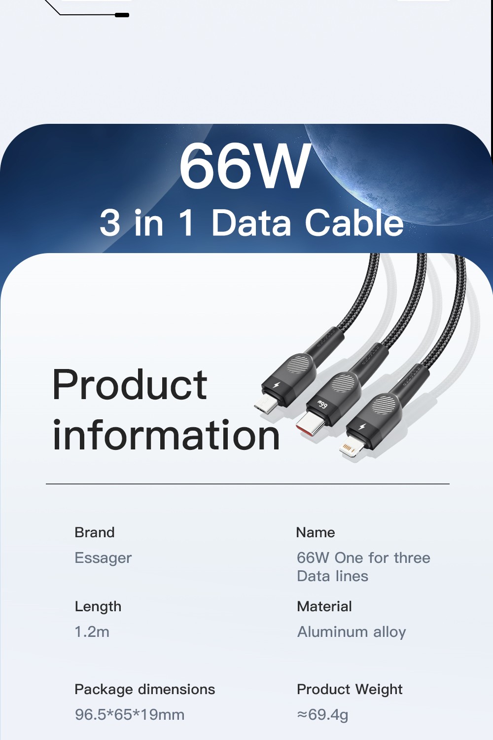 ESSAGER 3 in 1 Micro / Type-C / Lightning Data Cable, 6A 66W Fast Charging, for iPhone Samsung Xiaomi Huawei Mobile Phones - Blue