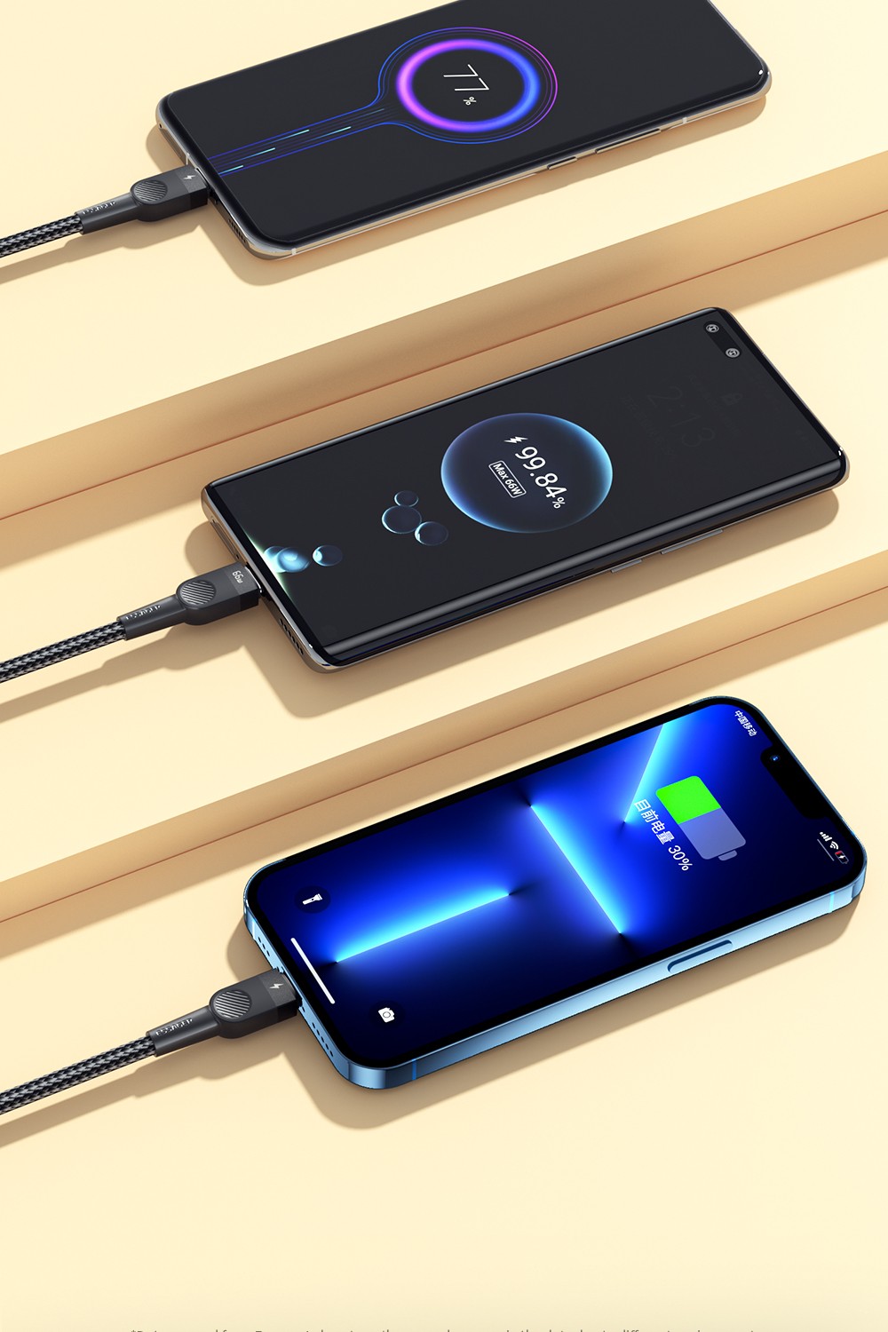 ESSAGER 3 in 1 Micro / Type-C / Lightning Data Cable, 6A 66W Fast Charging, for iPhone Samsung Xiaomi Huawei Mobile Phones - Blue