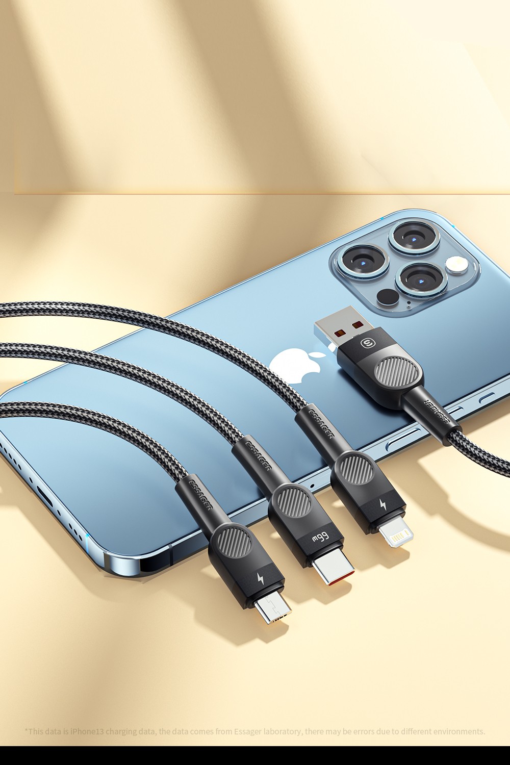 ESSAGER 3 in 1 Micro / Type-C / Lightning Data Cable, 6A 66W Fast Charging, for iPhone Samsung Xiaomi Huawei Mobile Phones - Blue