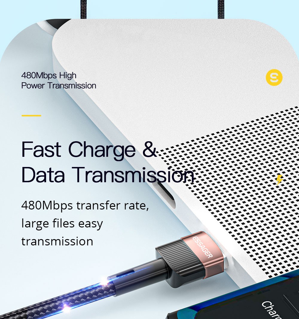 ESSAGER 66W Fast Charge Data Cable, USB-A to Type-C, 480Mbps Transfer Rate, for Huawei OPPO Samsung Mobile Phones, 2m Cable - Khaki
