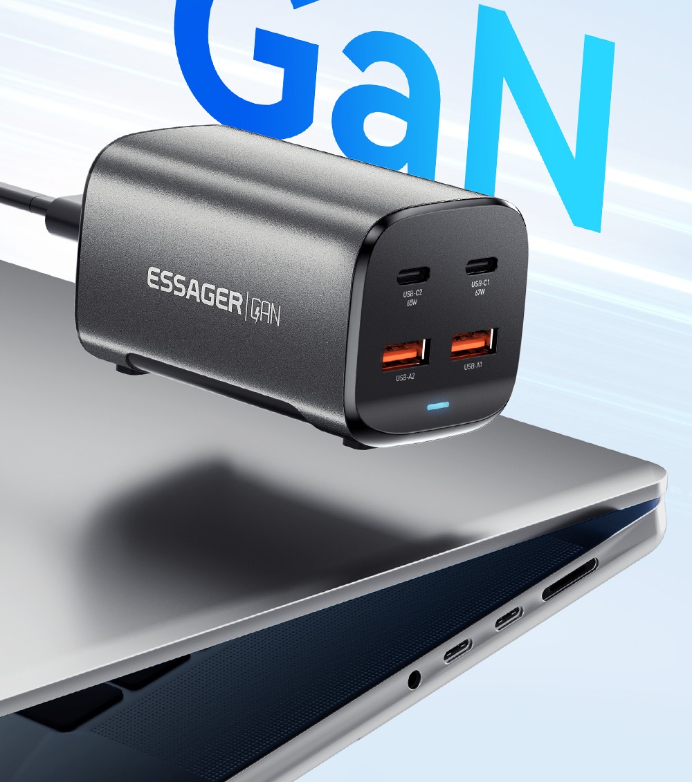 ESSAGER 67W GaN Desktop Charger, 2 USB-A + 2 Type-C, PD3.0 QC 3.0 Fast Charging, Intelligent Charging Protection, for MacBook Samsung POPC iPhone 15 Laptop - EU Plug