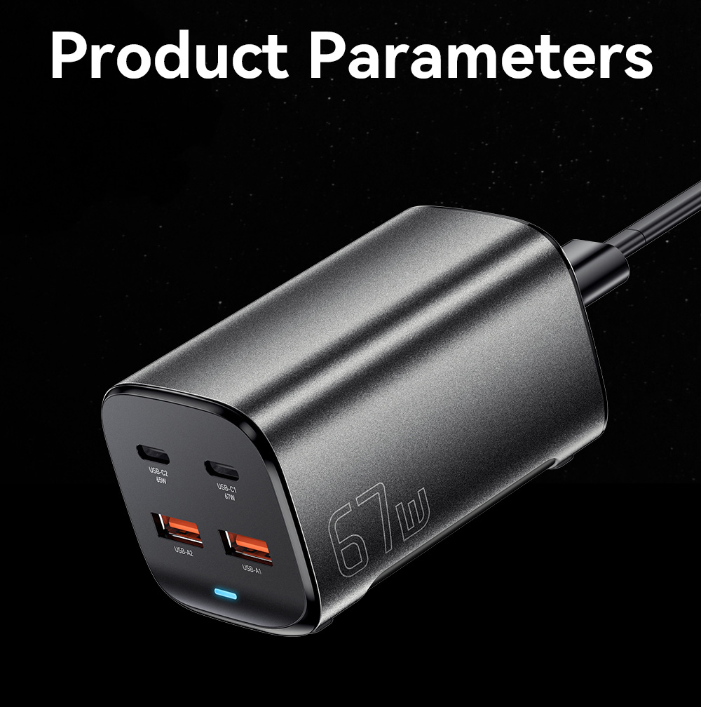 ESSAGER 67W GaN Desktop Charger, 2 USB-A + 2 Type-C, PD3.0 QC 3.0 Fast Charging, Intelligent Charging Protection, for MacBook Samsung POPC iPhone 15 Laptop - EU Plug