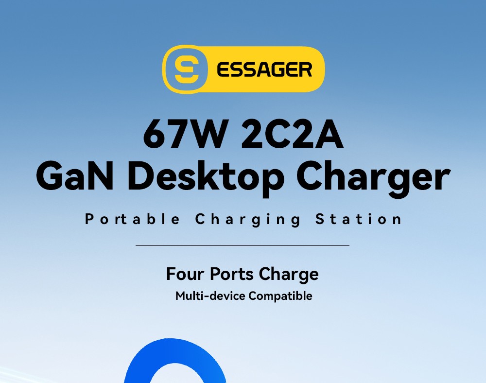 ESSAGER 67W GaN Desktop Charger, 2 USB-A + 2 Type-C, PD3.0 QC 3.0 Fast Charging, Intelligent Charging Protection, for MacBook Samsung POPC iPhone 15 Laptop - UK Plug