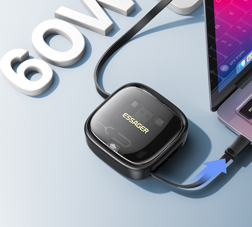 ESSAGER Type-C To Type-C Data Cable, USB Micro Lightning Connectors, PD 60W Fast Charging, 480Mbps Transmission Rate, Travel Multifunctional Charge Cord with Storage Box, for Laptops / Tablets / Mobile Phones - Black