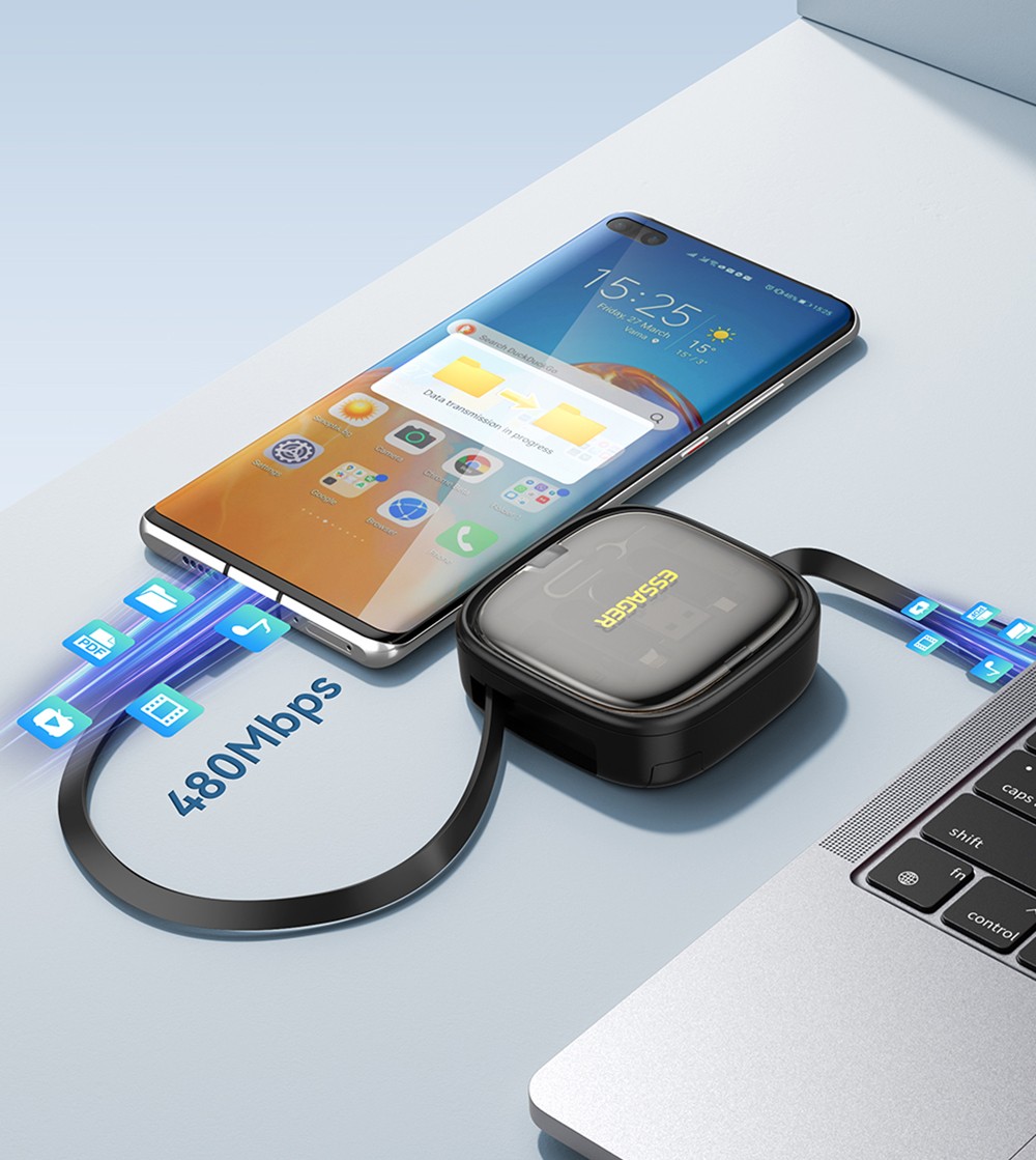 ESSAGER Type-C To Type-C Data Cable, USB Micro Lightning Connectors, PD 60W Fast Charging, 480Mbps Transmission Rate, Travel Multifunctional Charge Cord with Storage Box, for Laptops / Tablets / Mobile Phones - Black