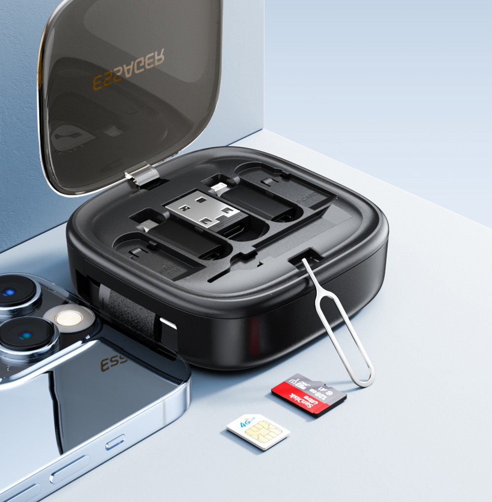 ESSAGER Type-C To Type-C Data Cable, USB Micro Lightning Connectors, PD 60W Fast Charging, 480Mbps Transmission Rate, Travel Multifunctional Charge Cord with Storage Box, for Laptops / Tablets / Mobile Phones - Black