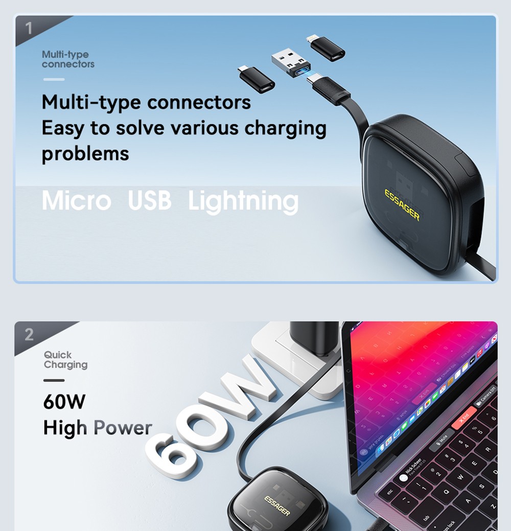 ESSAGER Type-C To Type-C Data Cable, USB Micro Lightning Connectors, PD 60W Fast Charging, 480Mbps Transmission Rate, Travel Multifunctional Charge Cord with Storage Box, for Laptops / Tablets / Mobile Phones - Black