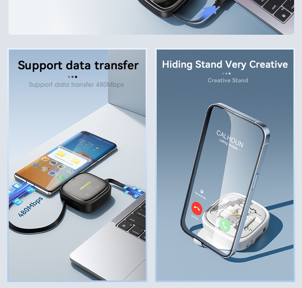 ESSAGER Type-C To Type-C Data Cable, USB Micro Lightning Connectors, PD 60W Fast Charging, 480Mbps Transmission Rate, Travel Multifunctional Charge Cord with Storage Box, for Laptops / Tablets / Mobile Phones - Black