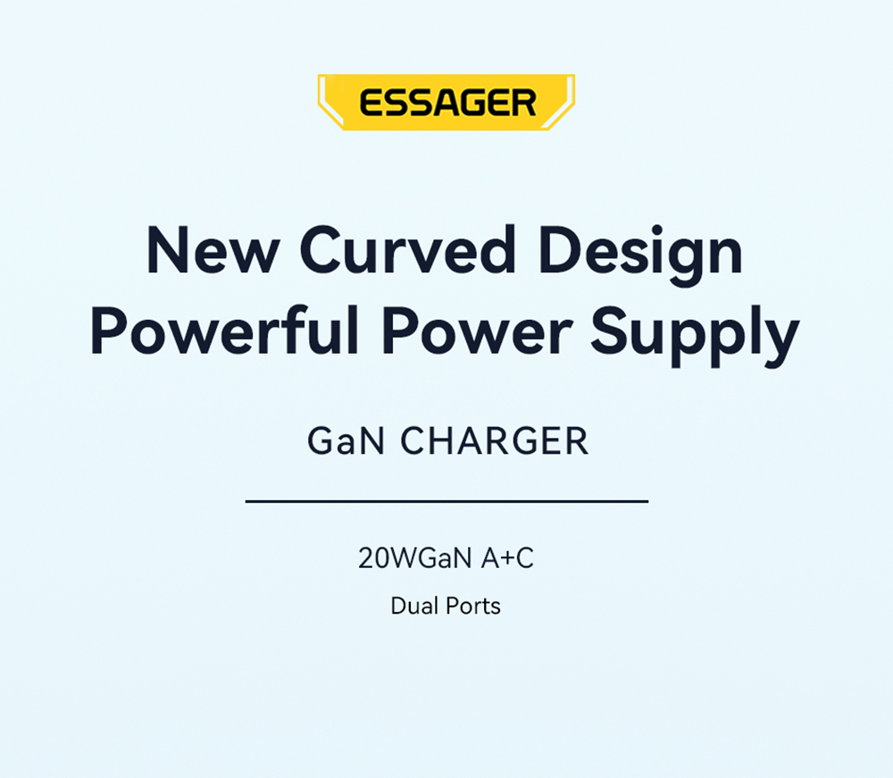 ESSAGER 20W GaN Charger, USB-A Type-C Dual Port, QC 3.0 PD 3.0 Quick Charging, EU Plug, for iPhone Huawei Samsung Mobile Phones Tablets - White