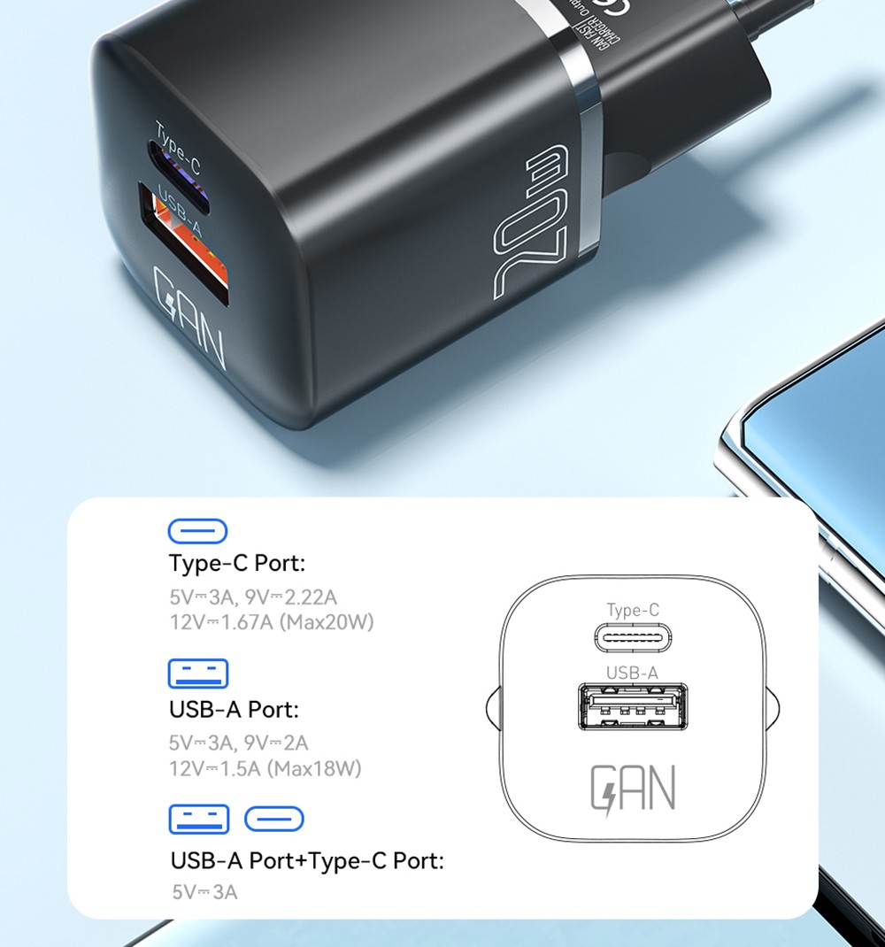 ESSAGER 20W GaN Charger, USB-A Type-C Dual Port, QC 3.0 PD 3.0 Quick Charging, EU Plug, for iPhone Huawei Samsung Mobile Phones Tablets - White