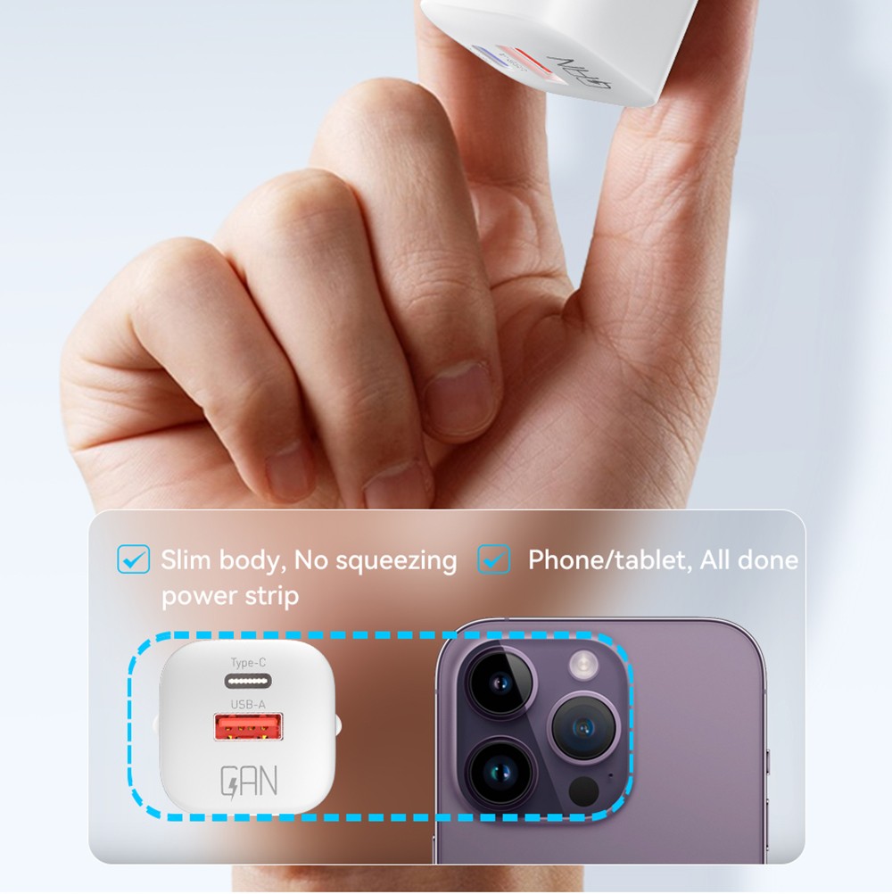 ESSAGER 20W GaN Charger, USB-A Type-C Dual Port, QC 3.0 PD 3.0 Quick Charging, EU Plug, for iPhone Huawei Samsung Mobile Phones Tablets - White