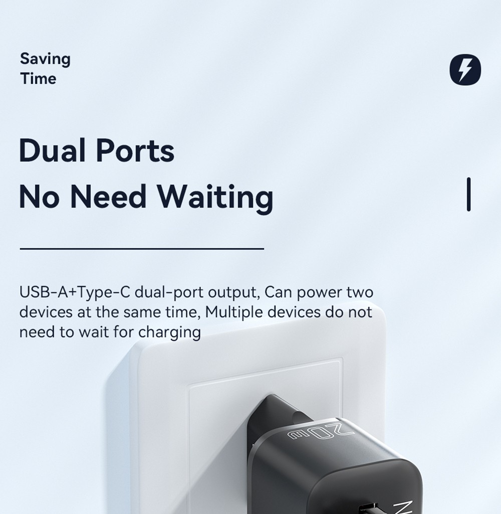 ESSAGER 20W GaN Charger, USB-A Type-C Dual Port, QC 3.0 PD 3.0 Quick Charging, EU Plug, for iPhone Huawei Samsung Mobile Phones Tablets - White