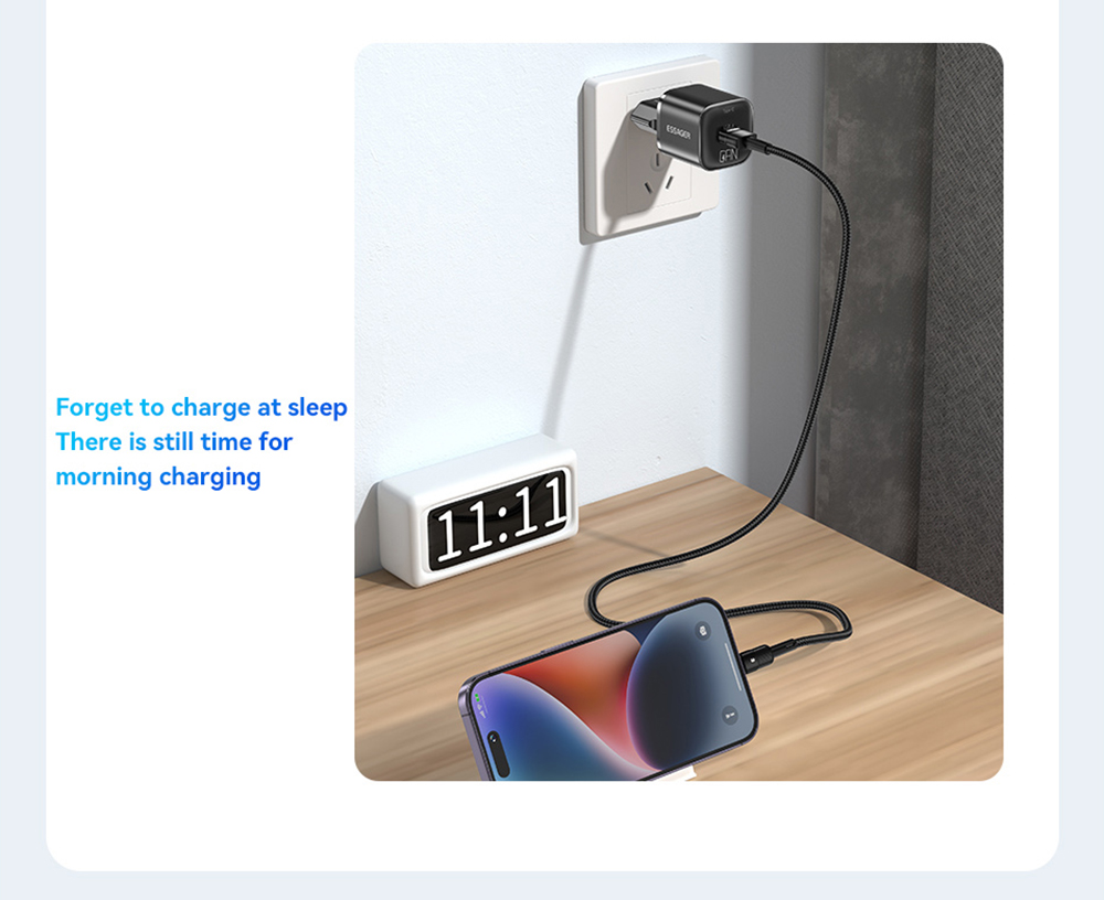 ESSAGER 20W GaN Charger, USB-A Type-C Dual Port, QC 3.0 PD 3.0 Quick Charging, EU Plug, for iPhone Huawei Samsung Mobile Phones Tablets - White