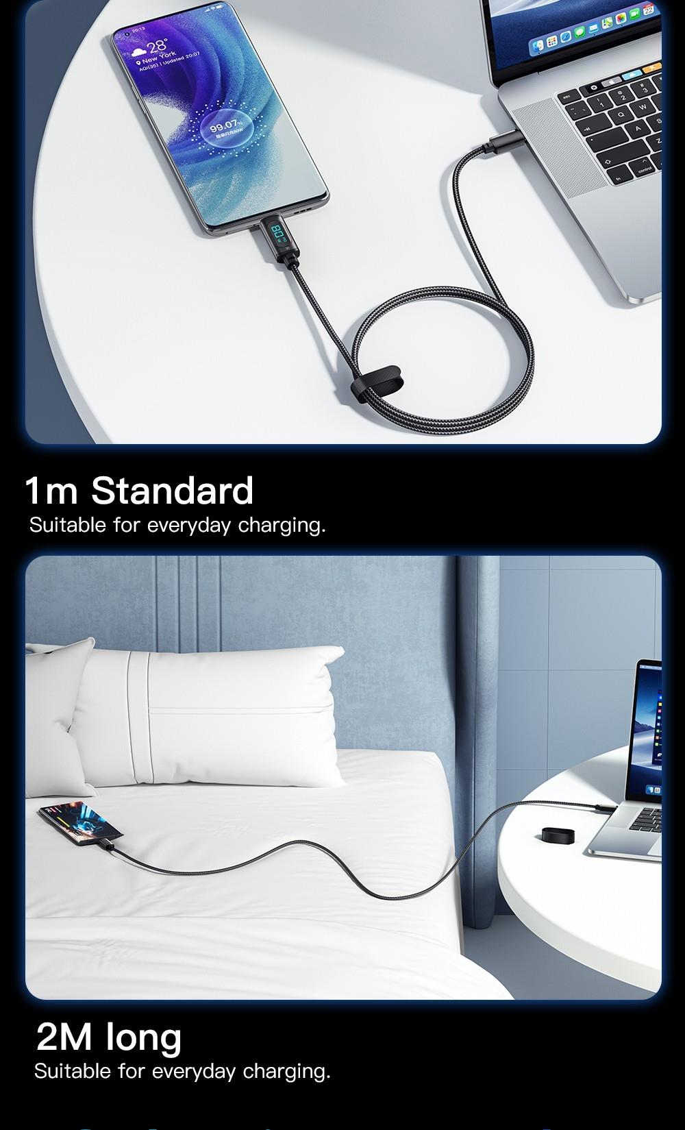 Essager 7A USB Type-C Cable with Digital Display, PD 100W Fast Charge, 1m Cable, for Huawei Xiaomi Samsung OPPO Fast Charging Smartphones