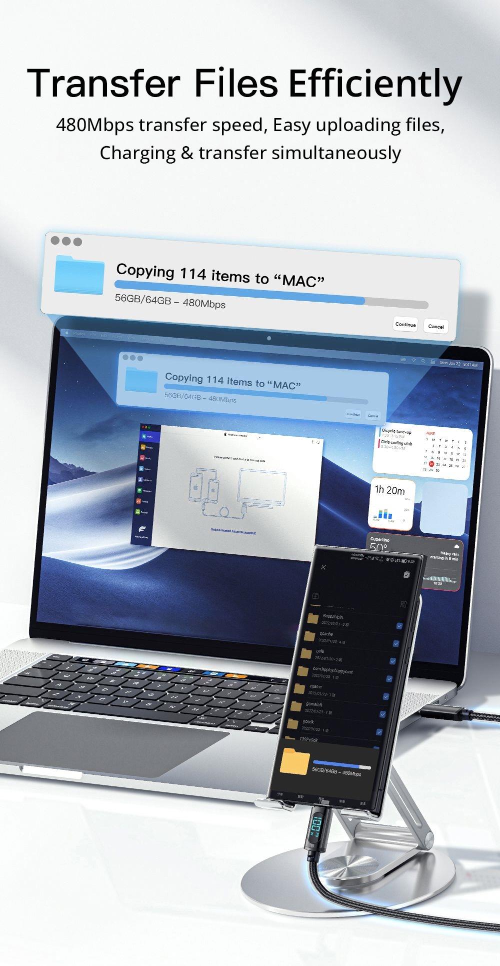 Essager 7A USB Type-C Cable with Digital Display, PD 100W Fast Charge, 1m Cable, for Huawei Xiaomi Samsung OPPO Fast Charging Smartphones