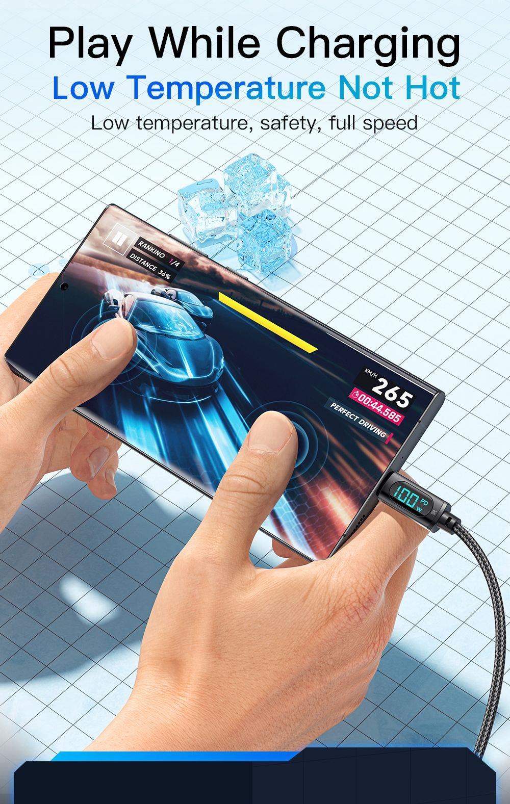 Essager 7A USB Type-C Cable with Digital Display, PD 100W Fast Charge, 1m Cable, for Huawei Xiaomi Samsung OPPO Fast Charging Smartphones