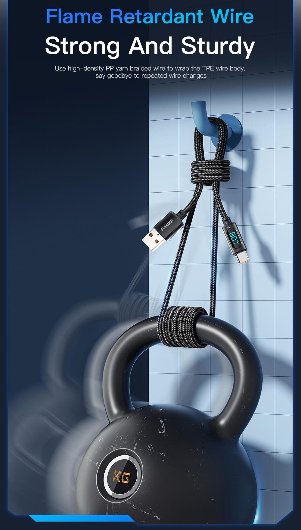 Essager 7A USB Type-C Cable with Digital Display, PD 100W Fast Charge, 1m Cable, for Huawei Xiaomi Samsung OPPO Fast Charging Smartphones