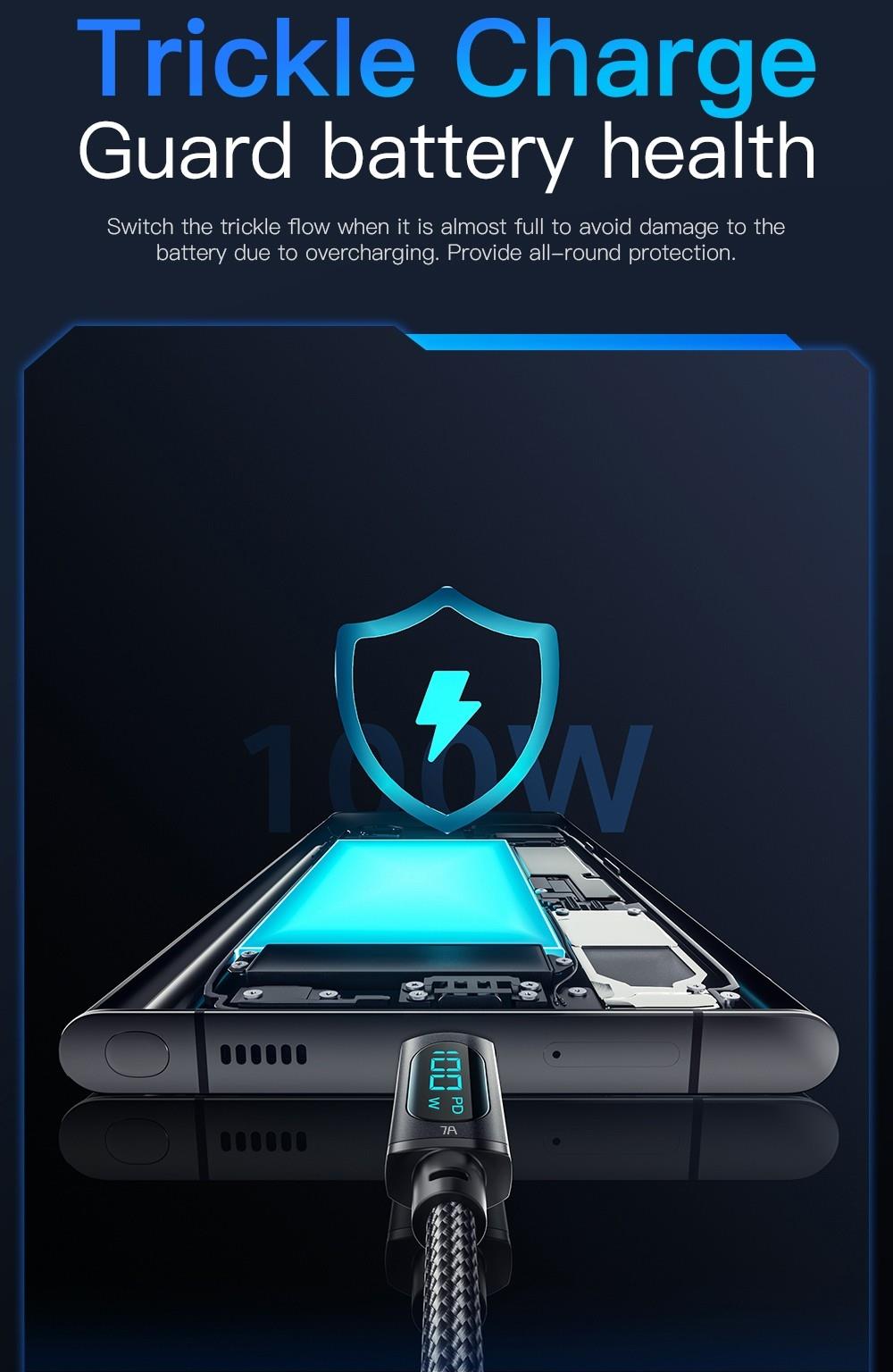 Essager 7A USB Type-C Cable with Digital Display, PD 100W Fast Charge, 1m Cable, for Huawei Xiaomi Samsung OPPO Fast Charging Smartphones