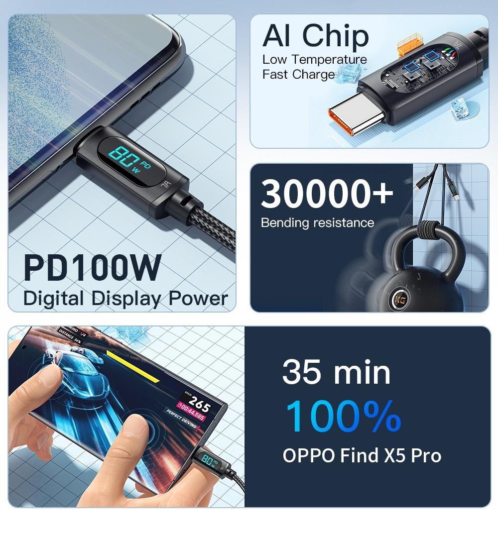 Essager 7A USB Type-C Cable with Digital Display, PD 100W Fast Charge, 2m Cable, for Huawei Xiaomi Samsung OPPO Fast Charging Smartphones