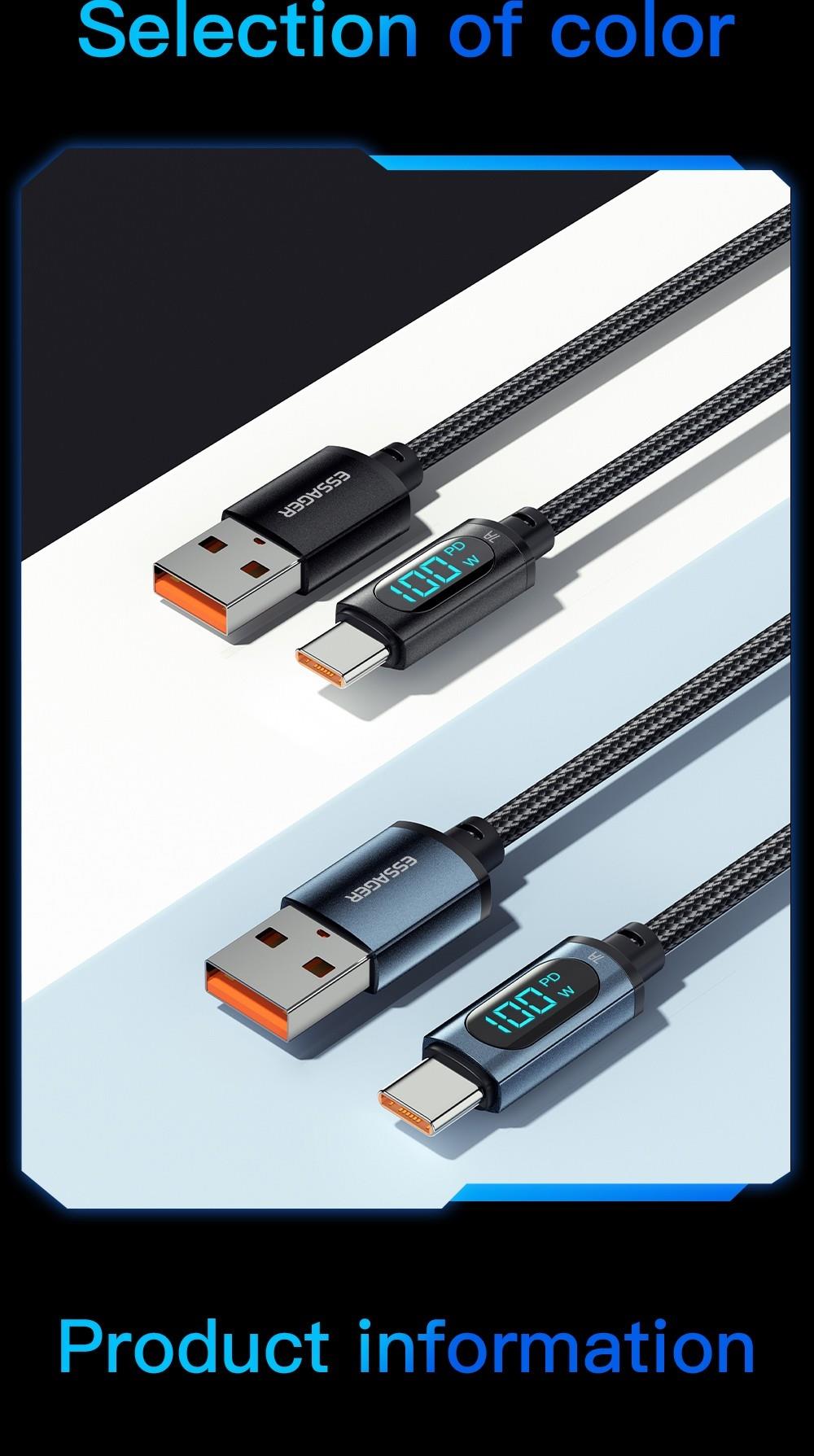 Essager 7A USB Type-C Cable with Digital Display, PD 100W Fast Charge, 2m Cable, for Huawei Xiaomi Samsung OPPO Fast Charging Smartphones