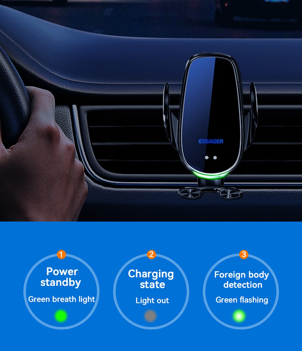 Essager Qi 15W Wireless Charger Car Phone Holder, Air Outlet Mount, for iPhone 14 13 12 X Pro Max / Xiaomi Huawei Fast Charging
