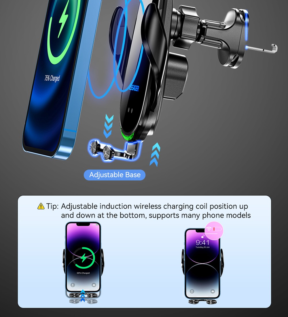 Essager Qi 15W Wireless Charger Car Phone Holder, Air Outlet Mount, for iPhone 14 13 12 X Pro Max / Xiaomi Huawei Fast Charging