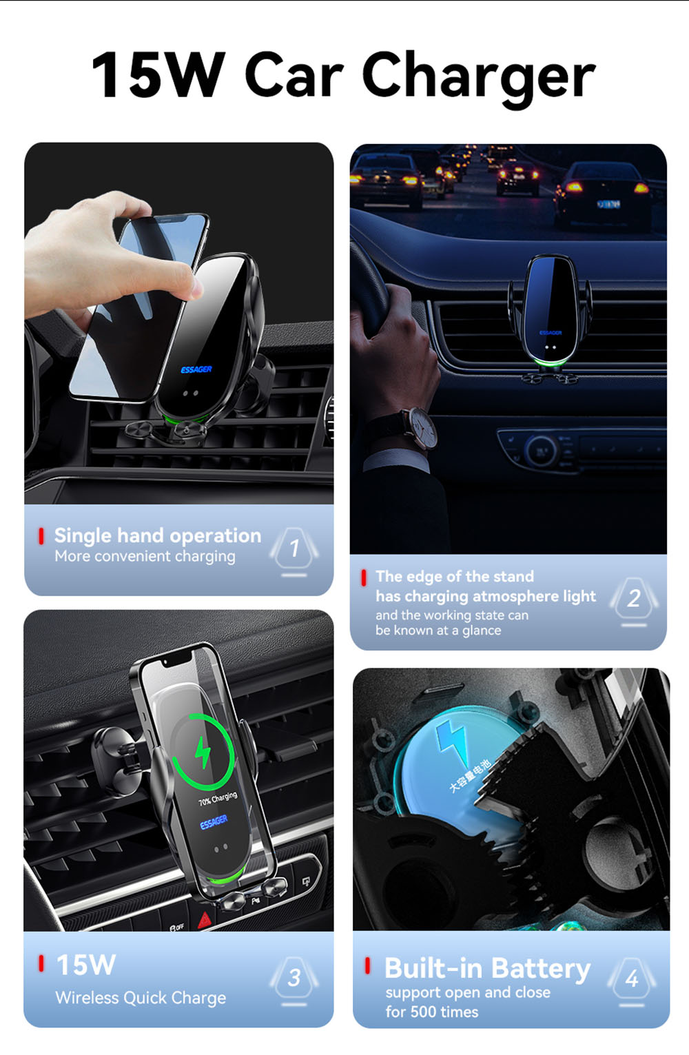 Essager Qi 15W Wireless Charger Car Phone Holder, Air Outlet Mount, for iPhone 14 13 12 X Pro Max / Xiaomi Huawei Fast Charging