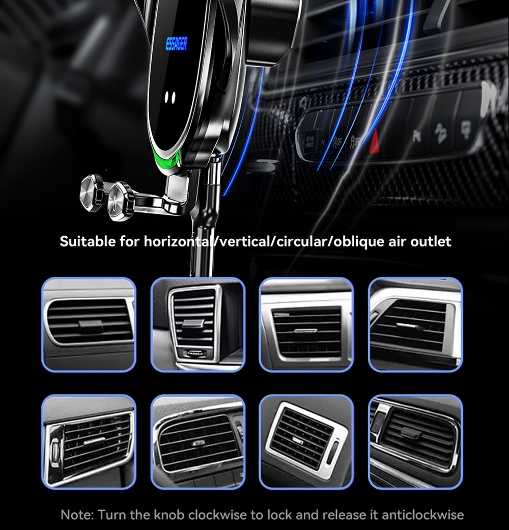 Essager Qi 15W Wireless Charger Car Phone Holder, Air Outlet Mount, for iPhone 14 13 12 X Pro Max / Xiaomi Huawei Fast Charging