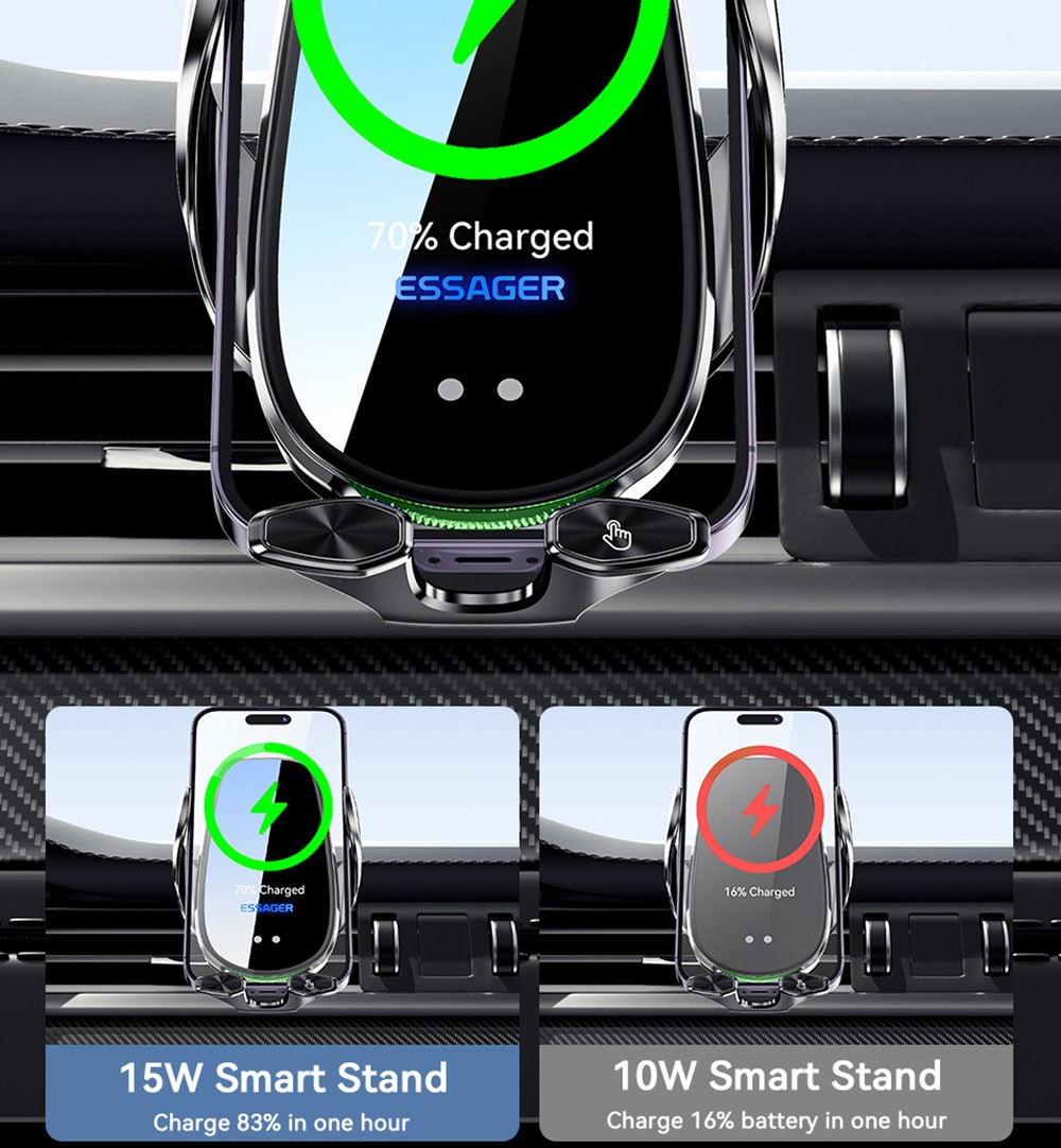 Essager Qi 15W Wireless Charger Car Phone Holder, Air Outlet Mount, for iPhone 14 13 12 X Pro Max / Xiaomi Huawei Fast Charging