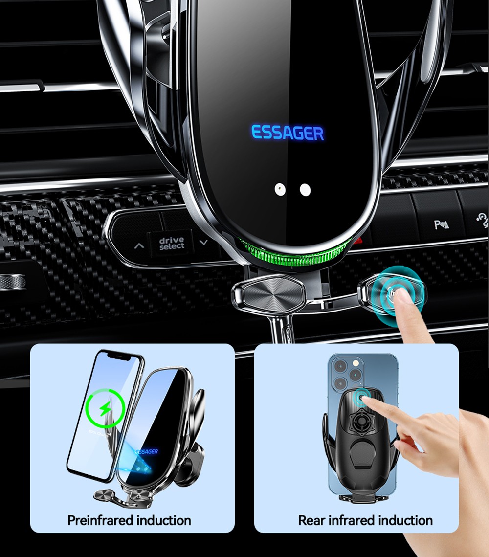 Essager Qi 15W Wireless Charger Car Phone Holder, Air Outlet Mount, for iPhone 14 13 12 X Pro Max / Xiaomi Huawei Fast Charging