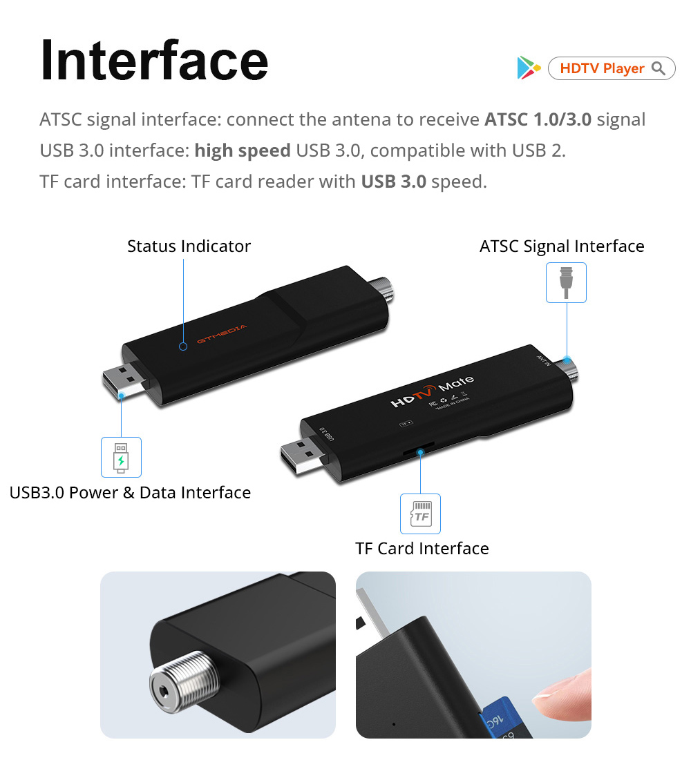 GTMEDIA HDTV Mate TV Stick, Support DVR Recording & Playback, External USB/TF DVR, 4K UHD USB 3.0 Interface, ATSC 3.0/1.0 TV Tuner for Android 9.0 and above TV/TV Box/PC/Laptop/Phone