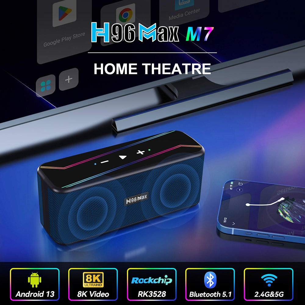 H96 Max M7 TV Box Media Player Speaker, RK3528 Quad-core, 2GB+16GB, Android 13, Bluetooth 5.1, 2.4G/5G Dual-band WiFi, 1*HDMI 1*DC 1*TF Card Slot 1*USB 2.0 - EU Plug