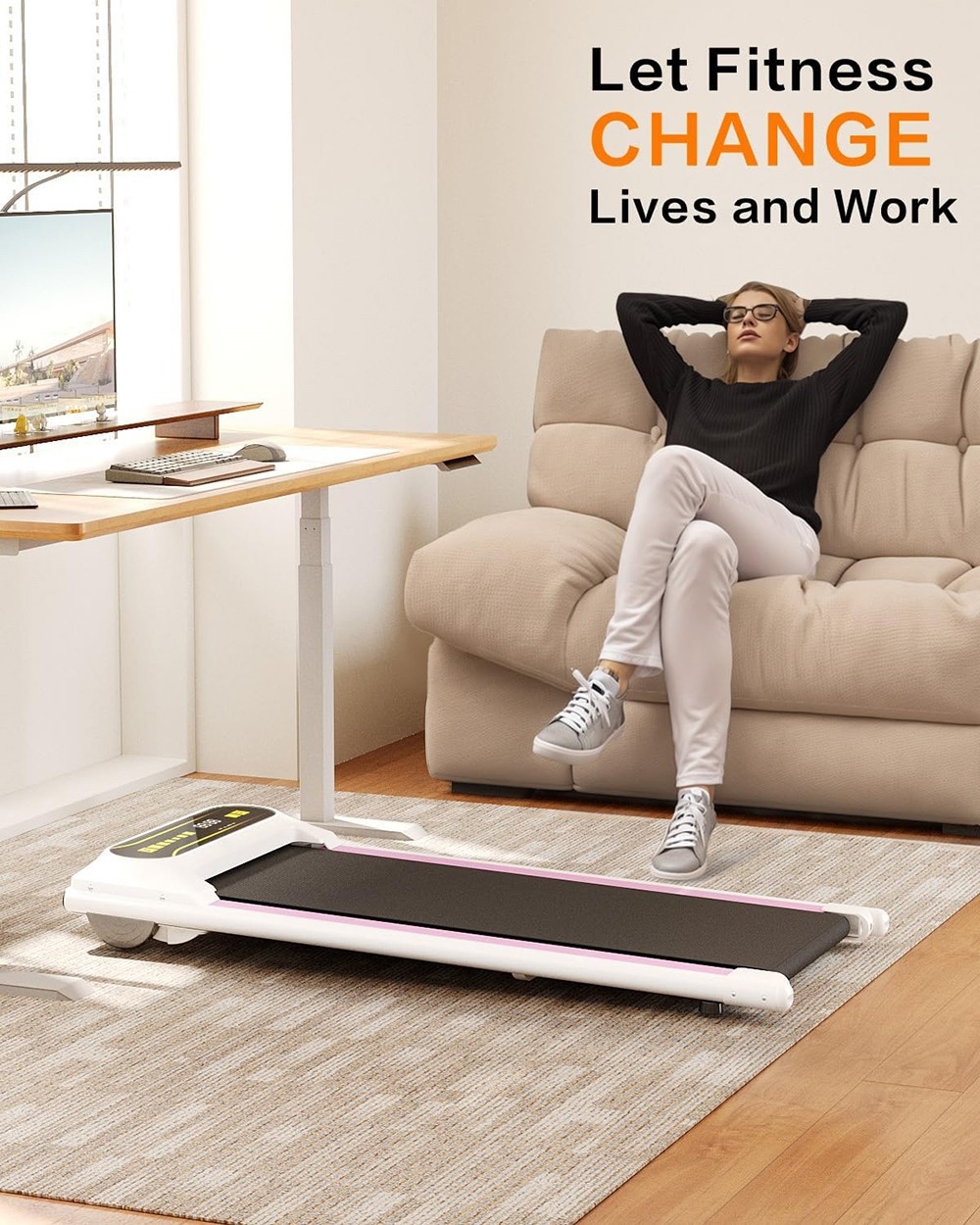KRD Q22 Walking Pad Under Desk Treadmill, 2.25HP Motor, 265 lbs Weight Capacity, 1-6KM/H Speed, P1-P12 Program, Remote Control, LED Display - Pink