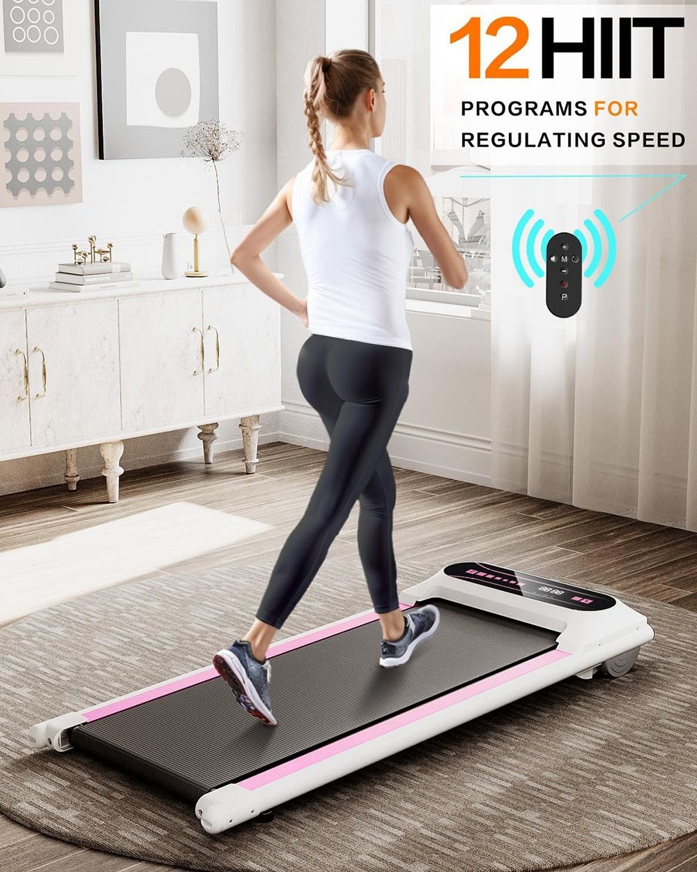 KRD Q22 Walking Pad Under Desk Treadmill, 2.25HP Motor, 265 lbs Weight Capacity, 1-6KM/H Speed, P1-P12 Program, Remote Control, LED Display - Pink