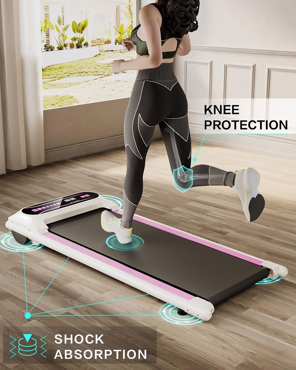 KRD Q22 Walking Pad Under Desk Treadmill, 2.25HP Motor, 265 lbs Weight Capacity, 1-6KM/H Speed, P1-P12 Program, Remote Control, LED Display - Pink