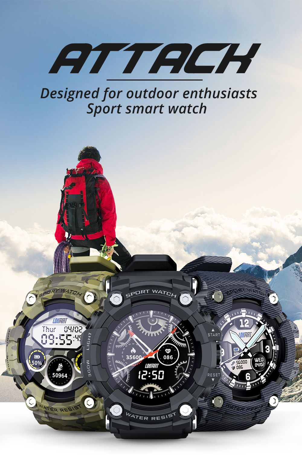 LOKMAT ATTACK Smart Watch 1.28 inch TFT Full Touch Screen Heart Rate Monitor Blood Pressure Blood Oxygen Sports Watch - Black