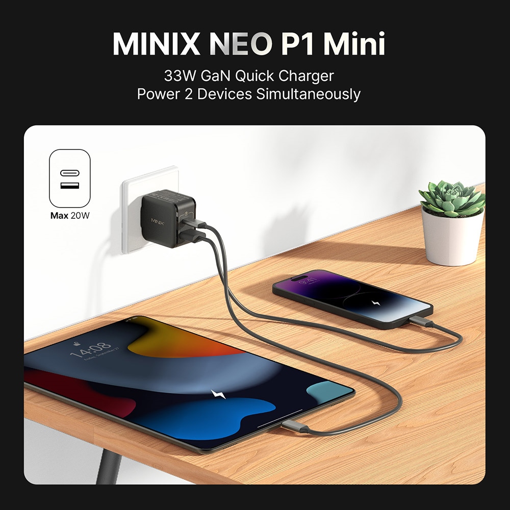 MINIX P1 Mini 33W Adapter Universal Dual Port Charger, 1*USB-A 1*USB-C