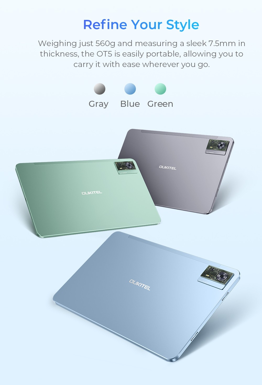 OUKITEL OT5 12-Inch Tablet, Android 13, 2000x1200 IPS Screen, MediaTek Helio G99, 12GB RAM 256GB ROM, 11000mAh Battery, Support Dual SIM Card, GPS/GLONASS/BDS/Galileo, 8MP Front Camera+16MP Main Camera+2MP Macro Camera, Bluetooth 5.2 - Green