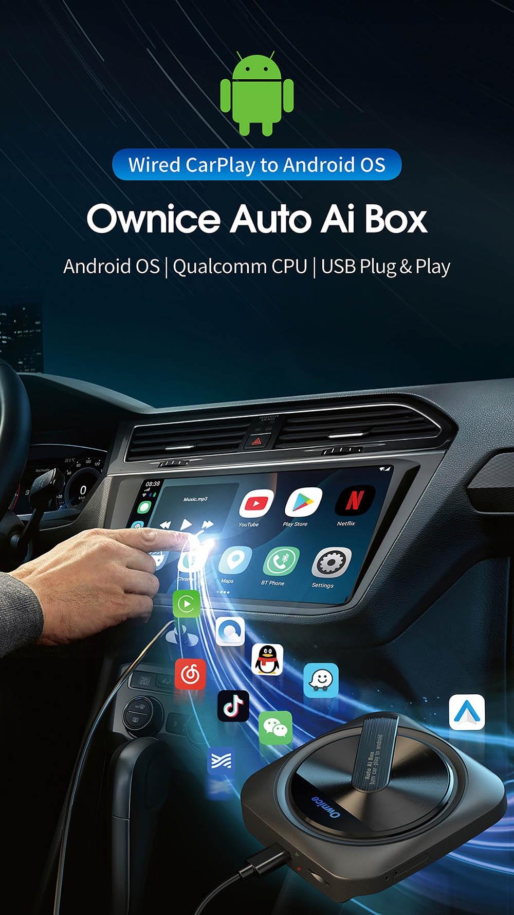 Ownice A1 Wired to Wireless Android Auto Ai Box, 4G LTE Network, GPS, Support Split Screen, for Original Car with Wired CarPlay, EAU Version