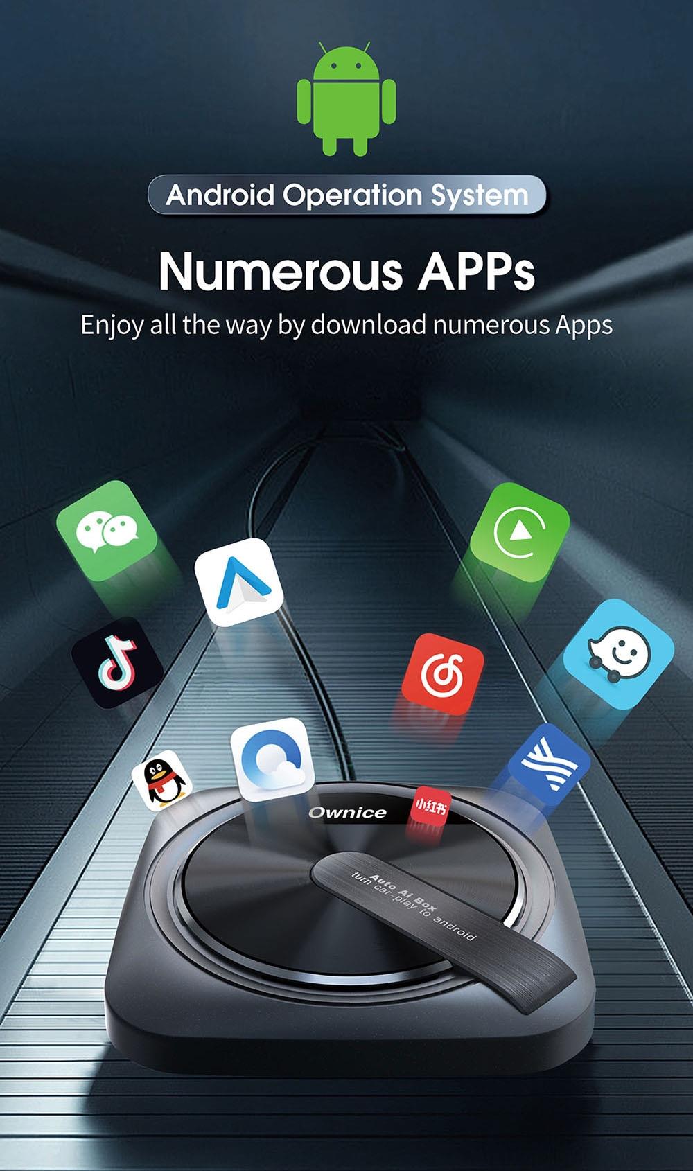 Ownice A1 Wired to Wireless Android Auto Ai Box, 4G LTE Network, GPS, Support Split Screen, for Original Car with Wired CarPlay, EAU Version