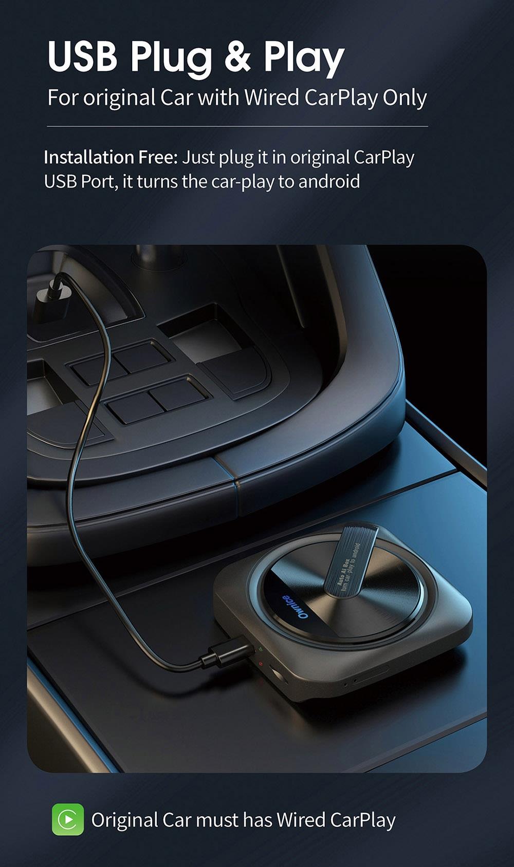 Ownice A1 Wired to Wireless Android Auto Ai Box, 4G LTE Network, GPS, Support Split Screen, for Original Car with Wired CarPlay, EAU Version