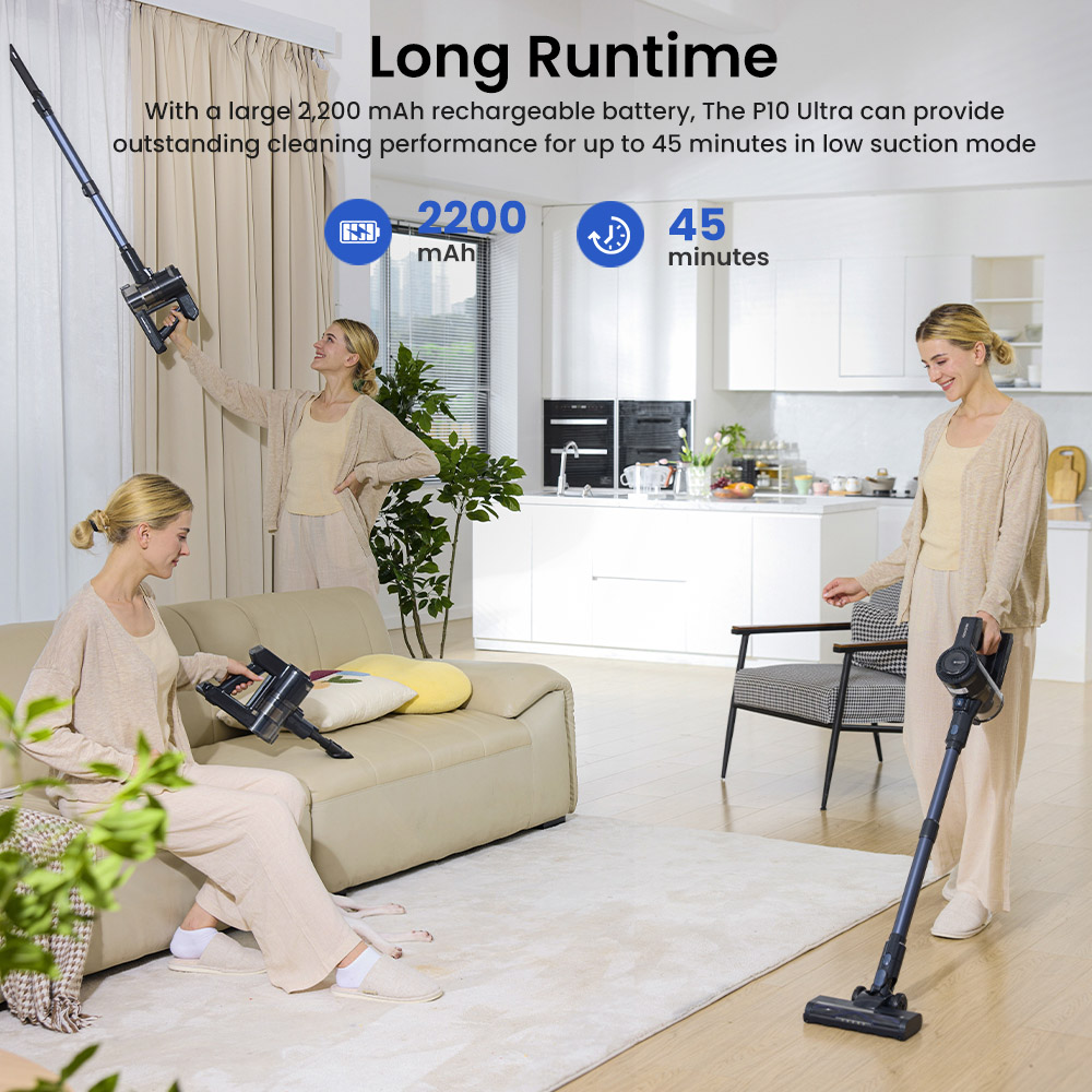 Proscenic P10 Ultra Cordless Vacuum Cleaner, 25KPa Suction, 600ml Dustbin, 5-Stage Filtration System, 2200mAh Detachable Battery, Up to 45 Mins Runtime, Flexible Floor Brush, LED Headlights