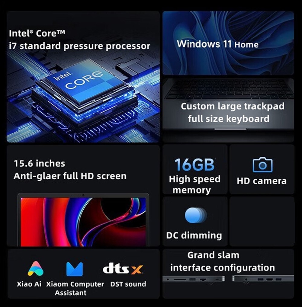 Redmi Book 15E Laptop, 15.6 inch 1920x1080 HD Screen, Intel Core i7-11390H 4 Cores 5.0GHz, 16GB DDR4 RAM 512GB SSD, WiFi5 Bluetooth5.2, 46Wh Battery, 1*HDMI 2*USB 3.2 1*USB 2.0 1*Ethernet port 1*Card reader 1*3.5mm Headphone Jack, Full-size Keyboard