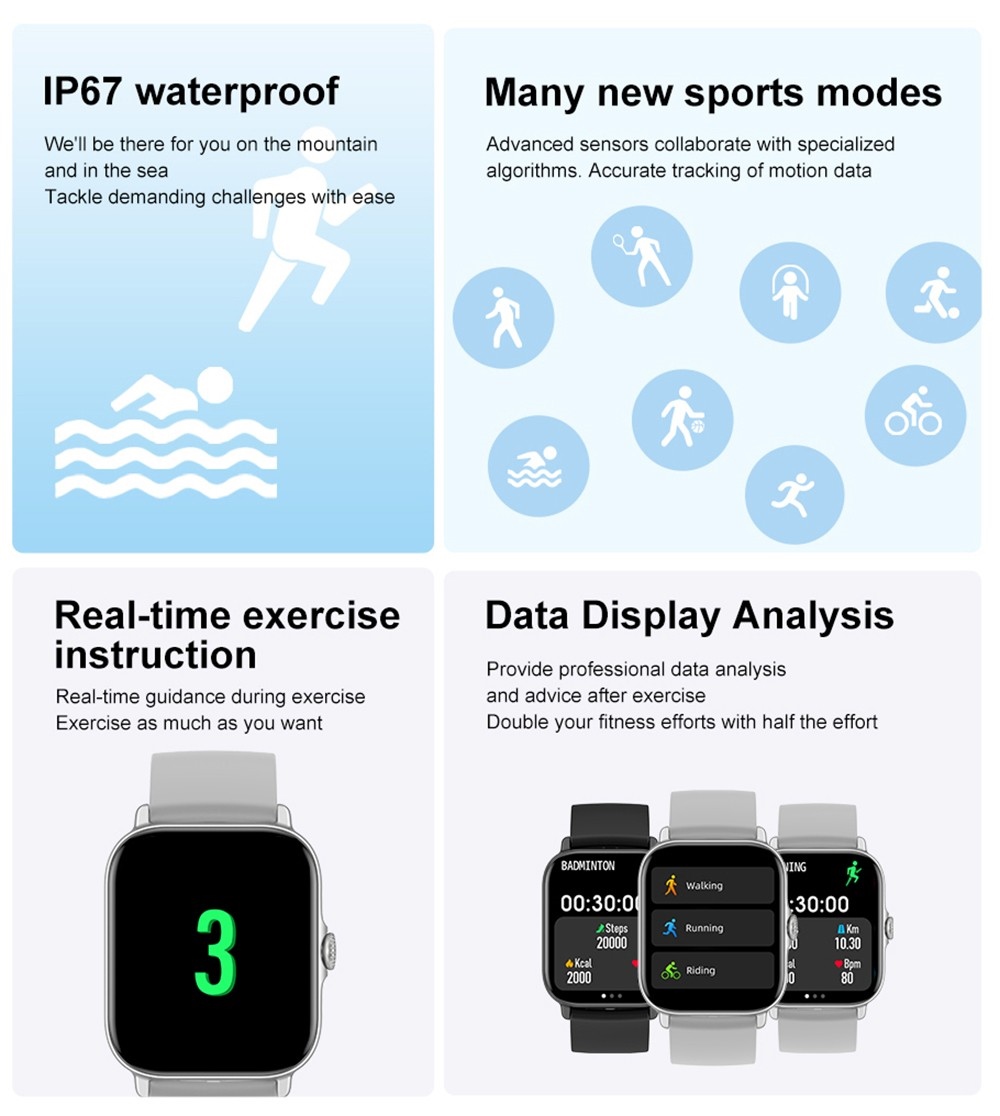 T12 Smartwatch 1.81'' Large Screen Sports Heart Rate Blood Oxygen Sleep Monitoring Bluetooth Calling - Blue