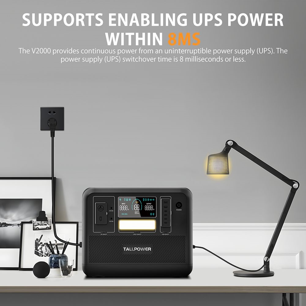 TALLPOWER V2000 Portable Power Station, 1536Wh LiFePo4 Solar Generator, 2000W AC Output, 1.5 Hours Fast Charging, PD 100W USB-C, UPS Function, LED Light, 13 Outputs - Black