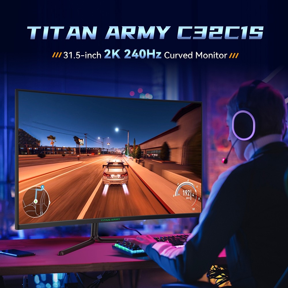 TITAN ARMY C32C1S Gaming Monitor, 31.5-inch 2560x1440 2K 1500R Curved Screen, 240Hz Refresh Rate, HDR400 Brightness, 1ms MPRT, Adaptive Sync, 99% sRGB, Support PIP & PBP Display, Low Blue Light